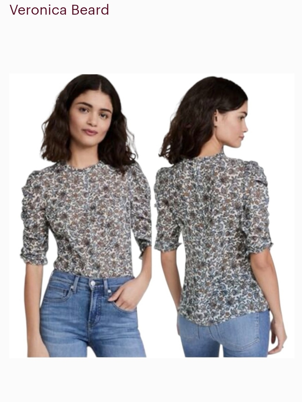 Veronica Beard Silk Floral Ruffle Sleeve Blouse - Blue & Cream with Tan Accents